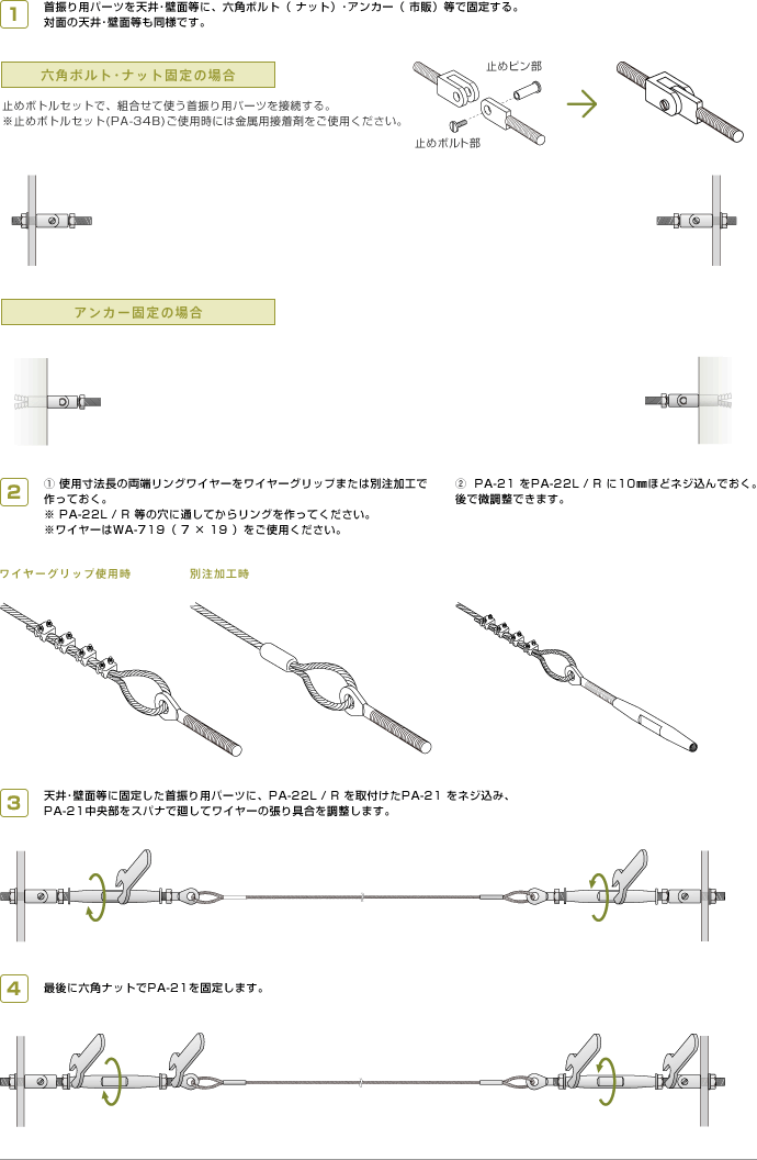 首振り用パーツを天井･壁面等に、六角ボルト（ ナット）･アンカー（ 市販）等で固定する。対面の天井･壁面等も同様です。