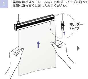 1 展示にはポスターレール内のホルダーパイプに沿って奥側へ真っ直ぐに差し入れてください。